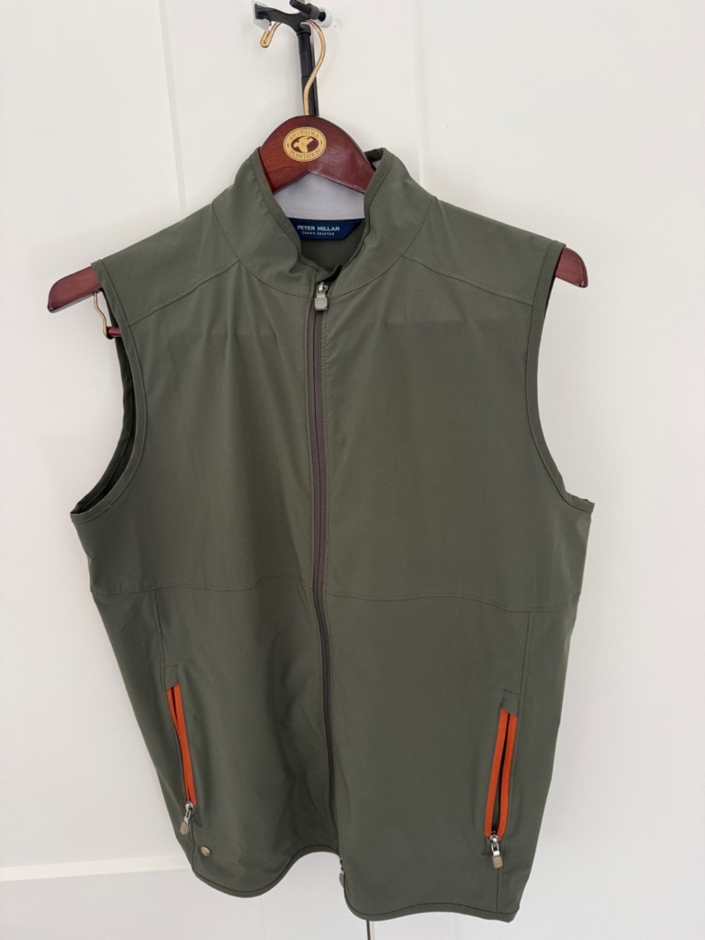 Peter Millar Olive Green Performance Vest with Orange Zip Accents